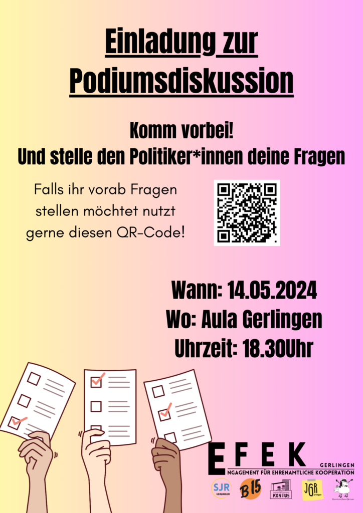 Am 14. Mai um 18:30 Uhr findet in der Aula der Pestalozzi-Schule eine spannende Podiumsdiskussion zur bevorstehenden Kommunalwahl statt. Seid dabei und lernt die Kandidatinnen und Kandidaten persönlich kennen. Lasst uns gemeinsam ober die Zukunft von Gerlingen diskutieren und Ideen austauschen.